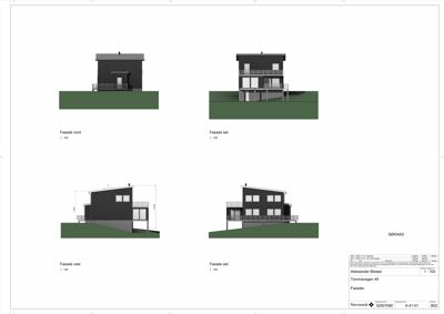 Bildet viser fire fasadetegninger av en bolig (nord, sør, vest, øst) med målstab 1:100.