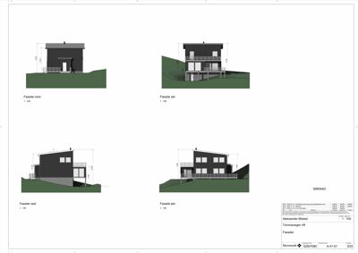 Bildet viser fire fasadetegninger (nord, sør, vest, øst) for en bygning med mål og skala.