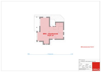 Etasjeplan (1. Etasje) som viser romfordeling og BRA-areal for en eksisterende bygning.