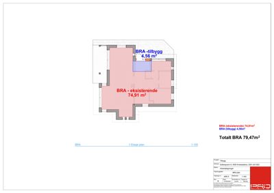Etasjeplan (BRA-plan) som viser romfordeling og arealoppdeling mellom eksisterende og nytt tilbygg.