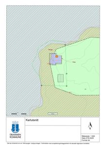 Situasjonsplan (kartutsnitt) som viser tomtens form, grenser, bygningsplassering og omgivelsene.