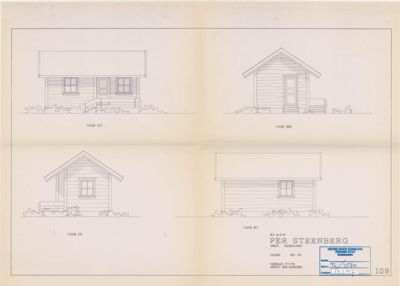 Bildet viser fire fasadetegninger av en liten hytte eller uthus, merket med 'FASADE VEST', 'FASADE NORD', 'FASADE SØD' og 'FASADE ØST'.