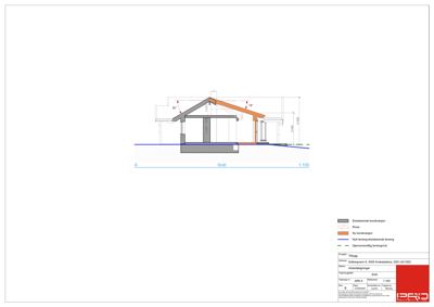 Snittegning som viser tverrsnitt gjennom en bygning med mål, eksisterende og ny konstruksjon markert.