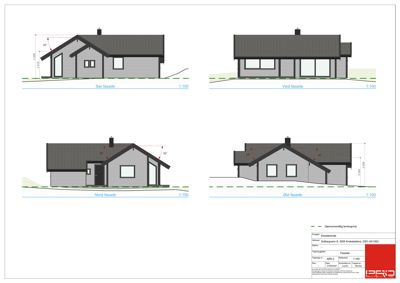 Fasadetegning som viser oppriss av huset sett fra fire sider (Sør, Vest, Nord og Øst) med mål og skråningsangivelser.