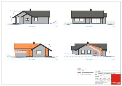 Fasadetegning som viser bygningens utseende fra fire sider (Sør, Vest, Nord og Øst) med mål og terrengforhold.