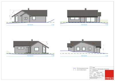 Bildet viser fire fasadetegninger (Sør, Vest, Nord, Øst) av en bolig med mål og skråninger.