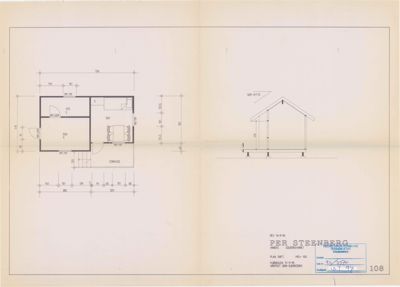 Bildet viser en tegning med to deler: til venstre et etasjeplan (floor plan) med romfordeling og mål, og til høyre en fasadetekning (facade) av bygningen.