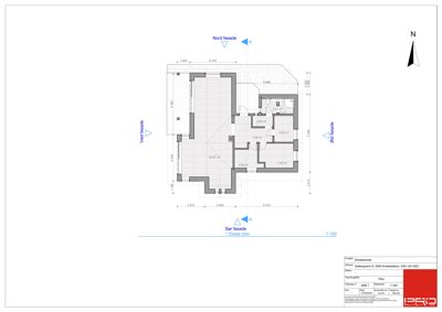 Etasjeplan (1. etasje) med romfordeling, mål og fasaderetning.