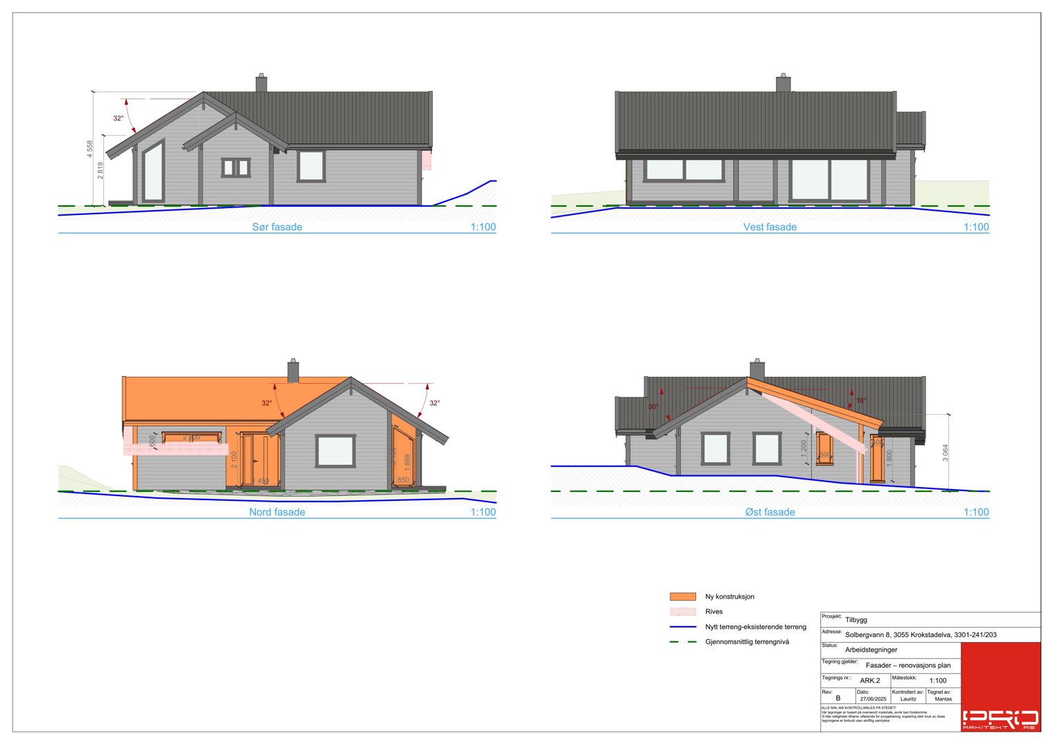 Fasadetegning som viser oppriss av bygningen sett fra fire sider (Sør, Vest, Nord og Øst). Tegningen inkluderer mål, terrengforhold og en nøkkel for farger.