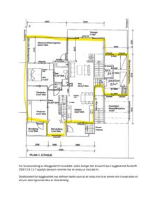 Etasjeplan (PLAN 1. ETASJE) som viser romfordeling, mål og areal for en bolig.