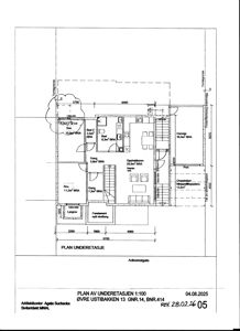 Plantegning av underetasjen (1:100) med romfordeling, mål og arealoppgaver.