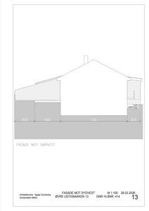 Fasadetegning (opprikk) av bygningen sett fra sørvest, med mål og konstruksjonsdetaljer.