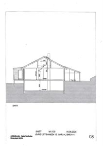 Snittegning av en bygning som viser høyder og etasjer.