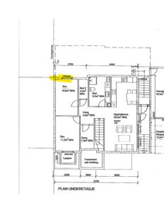 Etasjeplan (PLAN UNDERETASJE) som viser romfordeling, mål og areal for en bolig.