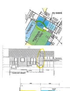 Bildet viser en fasadetegning av en bolig med angivelse av mål og detaljer om utvendig utforming.