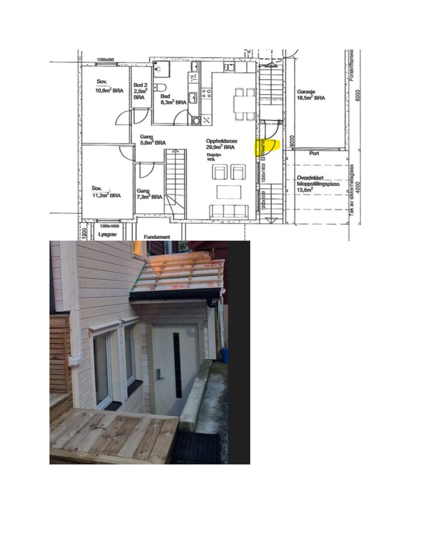 Fotografi av en utvendig del av en bygning, inkludert en dør, vinduer og en takkonstruksjon.