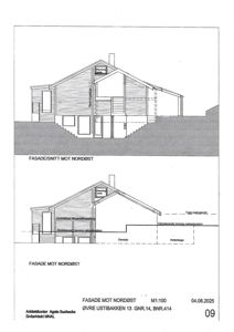 Tegning som viser fasaden mot nordøst for en bygning, inkludert et snitt gjennom huset.
