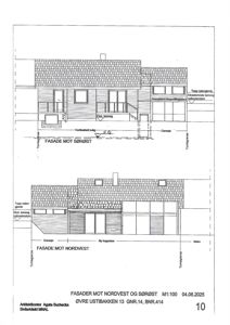 Tegning som viser fasader mot nordvest og sørøst for en bolig.