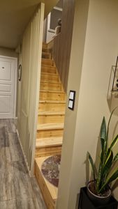 Fotografi av en innendørs trapp med tretrinn, en hvit dør til venstre og en plante i forgrunnen.