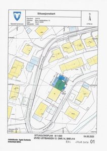 Situasjonskart som viser tomtens plassering i forhold til nabolag, veier og eiendommer.