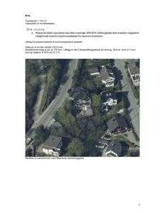 Skjærfoto av eiendommen med tilhørende nabobebyggelse, inkludert tekstmateriale om utnyttelse og areal.