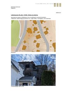 Fotografi av en bolig sett fra vest, inkludert nabohus og trær.