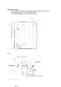 Bildet viser en plantegning (Plan 1) med romfordeling, dimensjoner og en detaljtegning av en rampe og trapp.