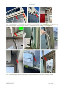 Fotografier som viser detaljer i en bygning, inkludert elektriske anlegg, vinduspakninger og tettemasse rundt vinduer.