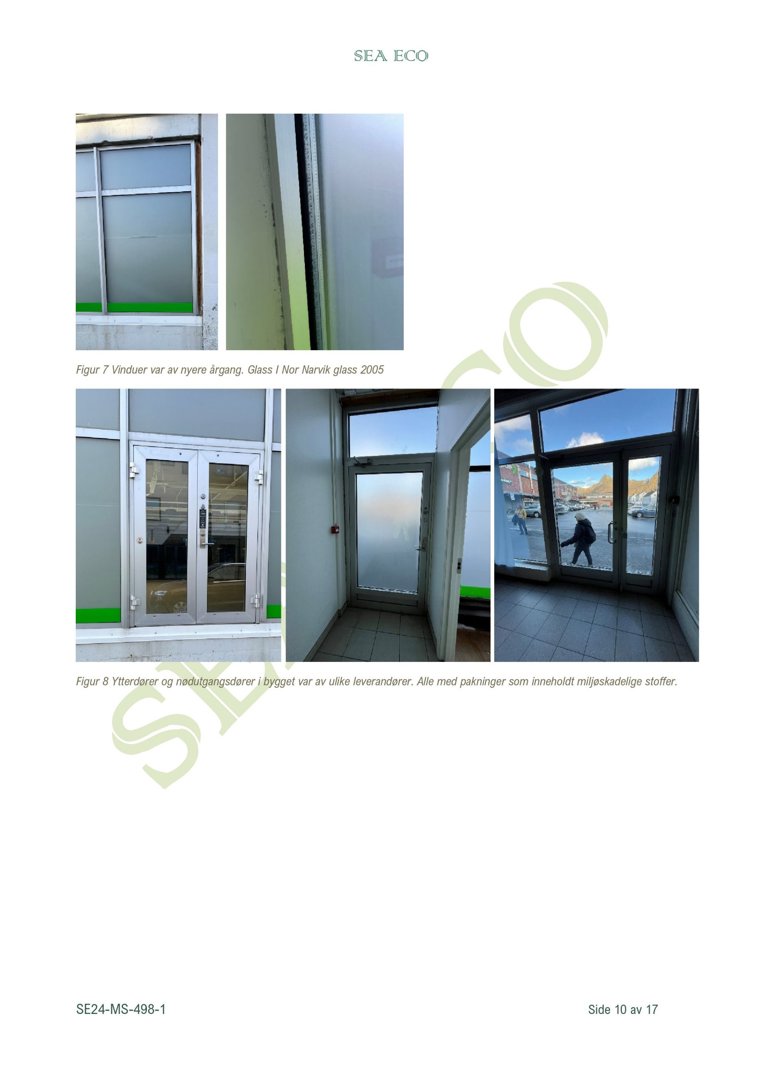 Fotografier av vinduer og ytterdører i en bygning, med tekster som beskriver materialer og leverandører.