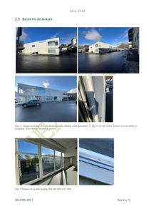 Fotografier av en bygning (utvendig og vinduer) med tilhørende beskrivende tekst.