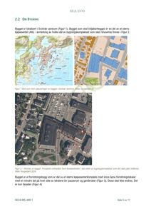 Bildet viser en side fra en rapport som inneholder en kartoversikt over Svolvær sentrum, en ortofoto (flyfoto) av bygget, samt tekstdokumentasjon om byggets plassering og omgivelser.