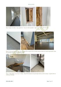 Et sammensatt bilde (collage) som viser flere fotografier av en eksisterende bygning, inkludert vegger, gulv, trapper og et stort rom.