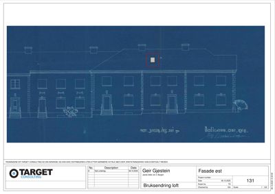 Fasadetegning (opprikk) av en bygning sett fra øst, med tegningstittel 'Bruksendring loft' og 'Fasade øst' i feltet.
