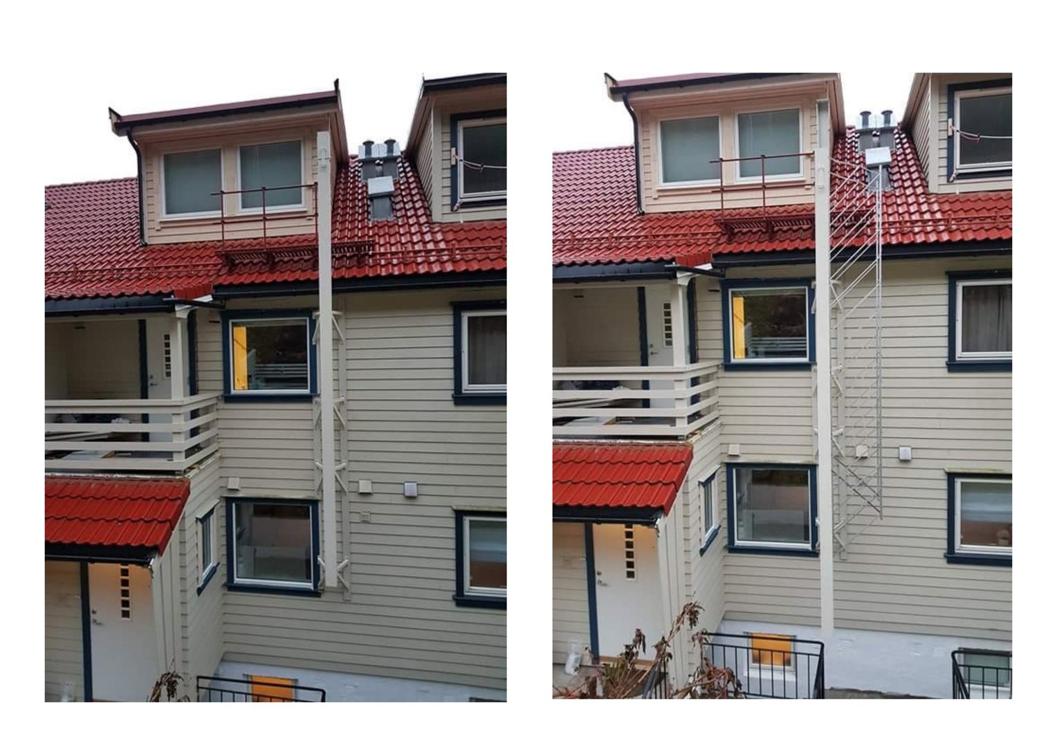 Fotografi av en eksisterende bygning (etasjeleilighet) med fokus på fasade, vinduer og en hvit rømningsstige på veggen.