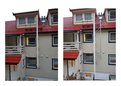 Fotografi av en eksisterende bygning (etasjeleilighet) med fokus på fasade, vinduer og en hvit rømningsstige på veggen.