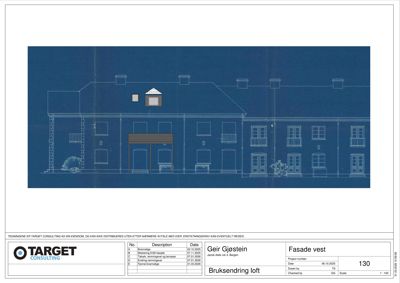Fasadetegning av en bygning sett fra vest, med detaljer om brukssendinger og endringer.