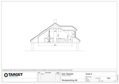 Snittegning (Snitt A) av et loft med angitte mål og romfordeling.