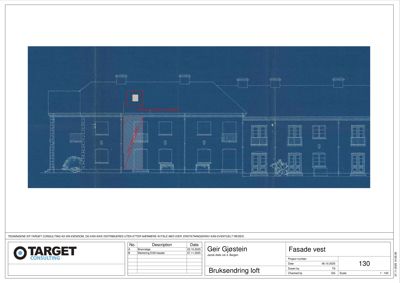 Fasadetegning av en bygning sett fra vest, med merking av et vindu og en dør.