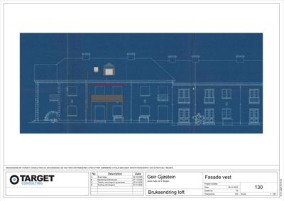 Fasadetegning (opprikk) av en bygning sett fra vest, med tegninger for brukssending loft og markeringer.