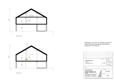 Tegning som viser tverrsnitt (snitt) av en bygning, med mål og konstruksjonsdetaljer.