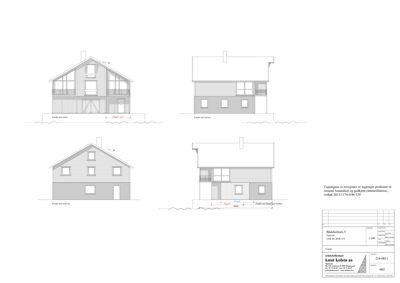 Fasadetegning som viser bygningens utsikt fra flere vinkler (vest, øst, nord, sør) med mål og detaljer.