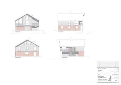 Bildet viser fire fasadetegninger av en bolig, inkludert front, side, og bakfasade.