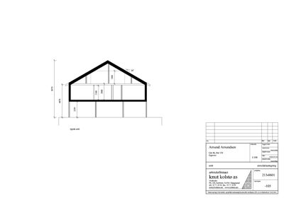 Snittegning av en bygning med høydeangivelser og takvinkel