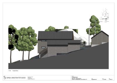 Fasadetegning (opprikk) av en bygning sett fra nord, inkludert terrengform og omgivende trær.