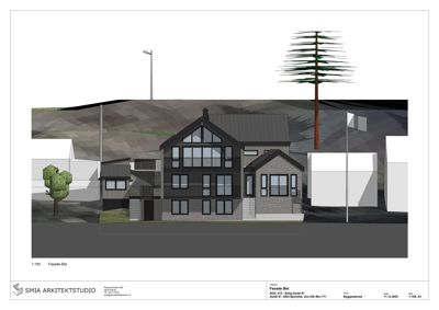 Fasadetegning (opprikk) av en bolig med omgivende terreng og nabobebyggelse.