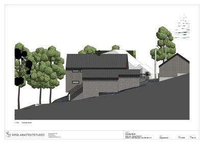 Fasadetegning (opprikk) av en bygning sett fra nord, inkludert terrengform og omgivende trær.