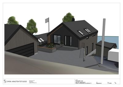 3D-visualisering (rendering) av et husprosjekt sett fra en vinkel som viser fasade og omgivelser.