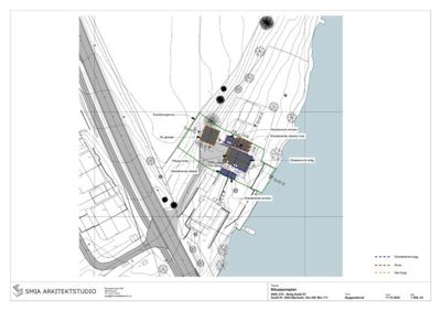 Situasjonsplan som viser tomtens beliggenhet, eksisterende og nye bygninger, veier og topografi.
