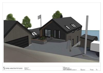 3D-visualisering (rendering) av et husprosjekt sett fra en vinkel som viser fasade og omgivelser.