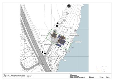 Situasjonsplan som viser tomtens beliggenhet, eksisterende og nye bygninger, veier og topografi.